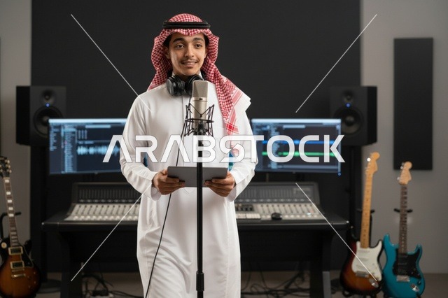 شاب سعودي يسجل في استوديو موسيقي احترافي