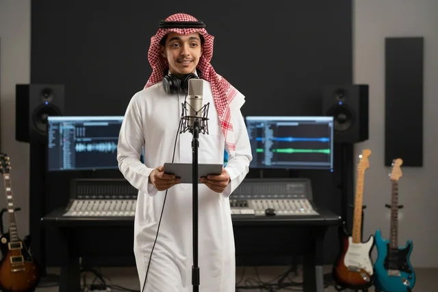 Saudi Man Recording in Professional Music Studio