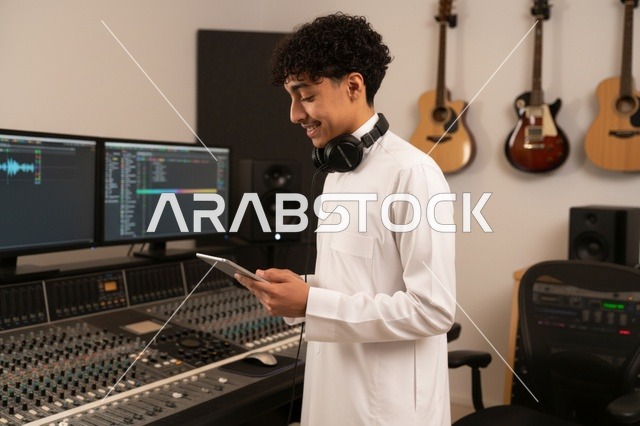 رجل سعودي بالثوب الأبيض يعمل في استوديو موسيقى