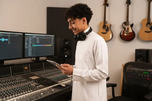 رجل سعودي بالثوب الأبيض يعمل في استوديو موسيقى
