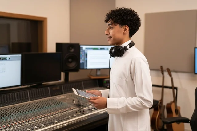 Saudi Man in Recording Studio with Sound Console