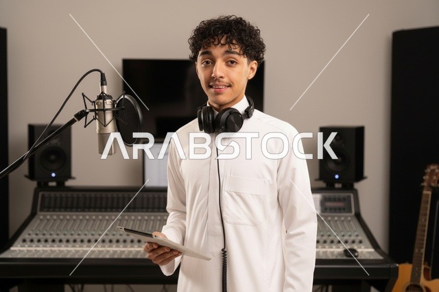 Saudi Man in Recording Studio with Mixing Console