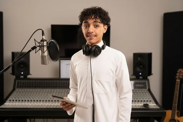 Saudi Man in Recording Studio with Mixing Console