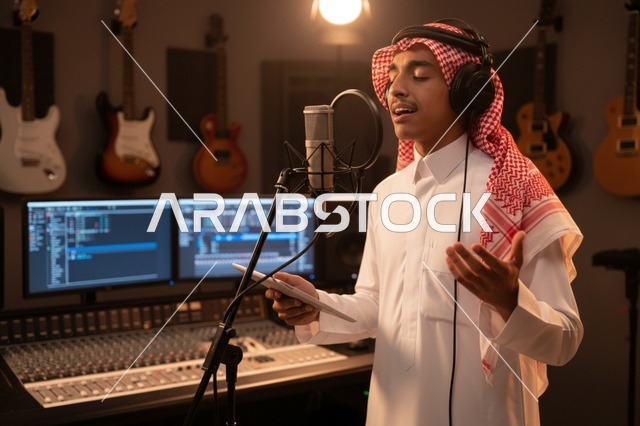 شاب سعودي يغني في استوديو تسجيل صوتي احترافي حديث