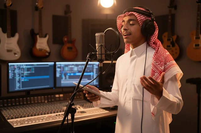شاب سعودي يغني في استوديو تسجيل صوتي احترافي حديث