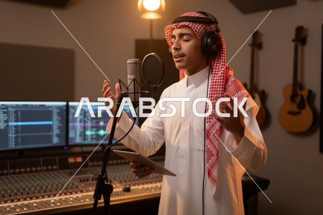 شاب سعودي يغني في استوديو تسجيل صوتي احترافي