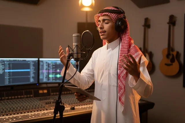 شاب سعودي يغني في استوديو تسجيل صوتي احترافي