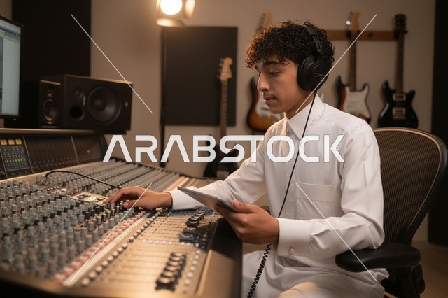 Saudi Man Using Sound Mixing Console in Studio