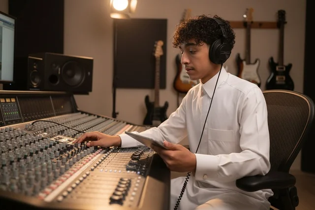 Saudi Man Using Sound Mixing Console in Studio