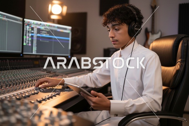 مهندس صوت سعودي بالثوب في استوديو تسجيل موسيقي