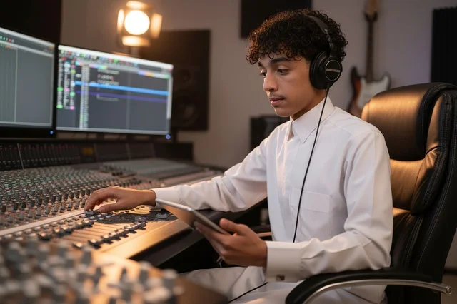 Saudi Male Audio Engineer in Recording Studio with Thobe