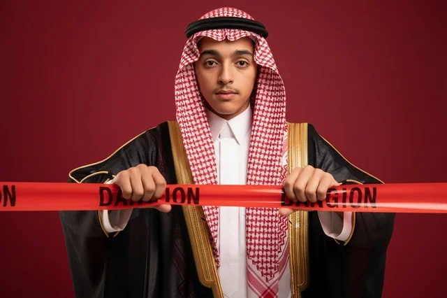 Saudi Man in Traditional Bisht Behind Red Danger Tape