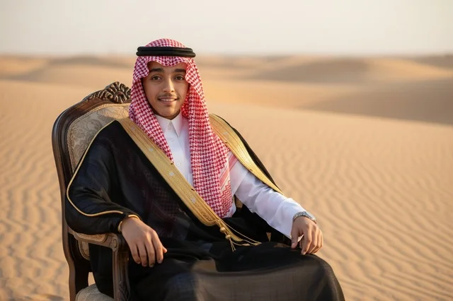 Saudi Man in Traditional Bisht Sitting in Desert