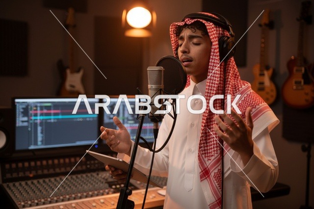 شاب سعودي يغني في استوديو تسجيل موسيقي احترافي