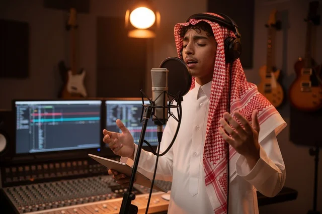 شاب سعودي يغني في استوديو تسجيل موسيقي احترافي
