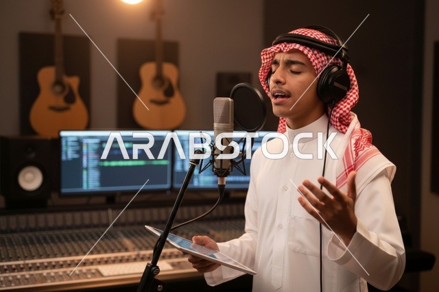 شاب سعودي يغني في استوديو تسجيل صوتي احترافي