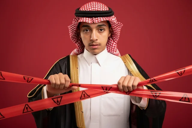 رجل سعودي بالبشت التقليدي يمسك شريط تحذير