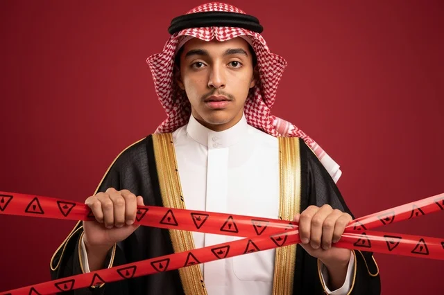 شاب سعودي بالبشت يحمل شريط تحذيري أحمر