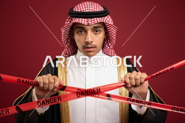 رجل سعودي يمسك شريط تحذيري أحمر