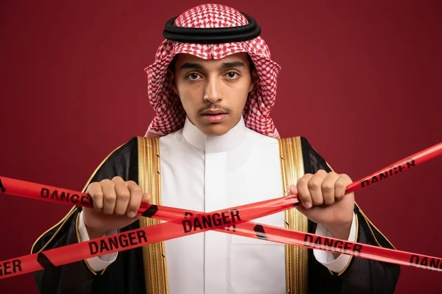 Saudi Man Holding Red Danger Warning Tape