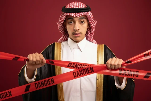 شاب سعودي بالبشت التقليدي يمسك شريط تحذير