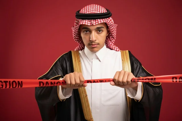 رجل سعودي بالبشت التقليدي يمسك شريط تحذير