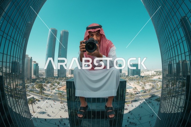 مصور سعودي فوق ناطحة سحاب بالرياض مع كاميرا