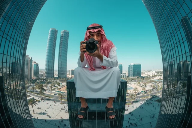مصور سعودي فوق ناطحة سحاب بالرياض مع كاميرا