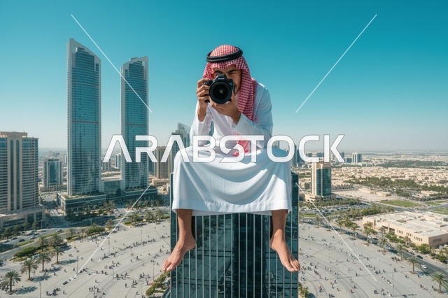 مصور سعودي فوق ناطحة سحاب يطل على أفق المدينة