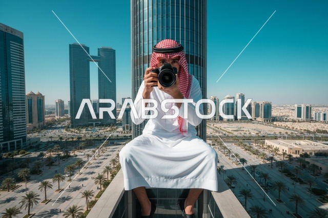 مصور سعودي على حافة ناطحة سحاب فوق مدينة الرياض