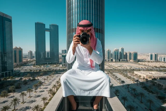 Saudi Photographer on Skyscraper Ledge Riyadh Skyline