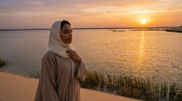 Arab Woman in Abaya at Desert Lake Sunset Landscape