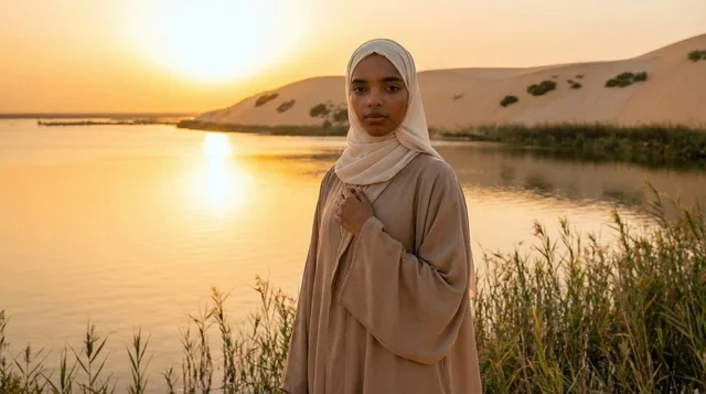 امرأة أفريقية بالحجاب عند بحيرة صحراوية وقت الغروب