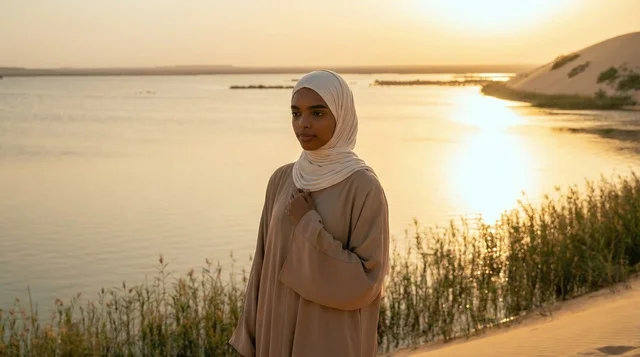 Saudi Woman in Abaya by Desert Lake at Sunset