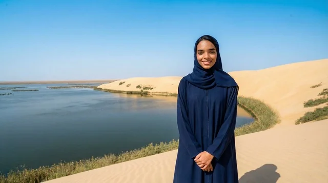 امرأة سعودية بالعباءة الكحلية عند بحيرة صحراوية