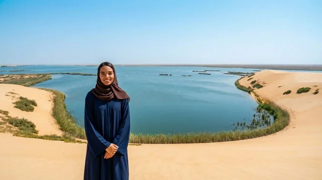 امرأة سعودية بالعباءة تقف أمام بحيرة في الصحراء