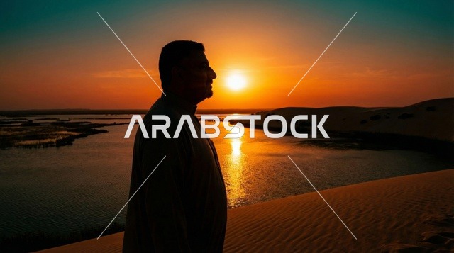 رجل سعودي بالثوب التقليدي عند بحيرة صحراوية وقت الغروب