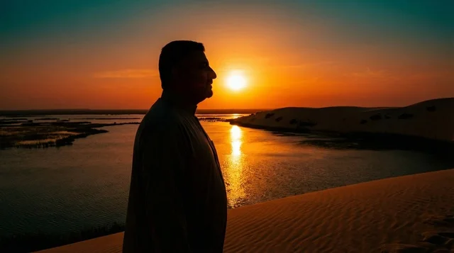 رجل سعودي بالثوب التقليدي عند بحيرة صحراوية وقت الغروب
