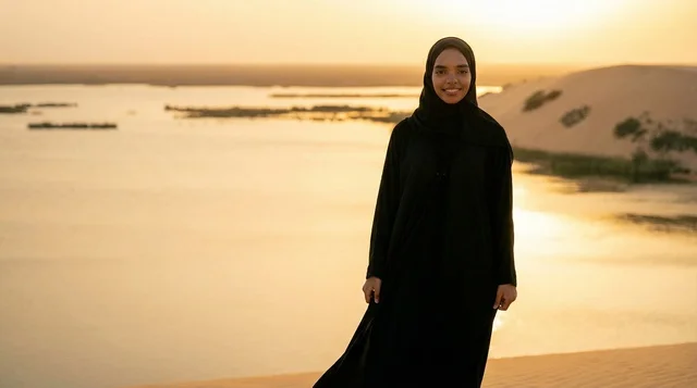 Saudi Woman in Abaya at Desert Lake Sunset