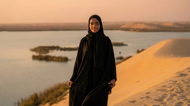 امرأة إماراتية بالعباءة على كثبان رملية وقت الغروب