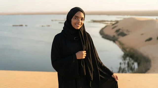 امرأة سعودية بالعباءة أمام بحيرة صحراوية