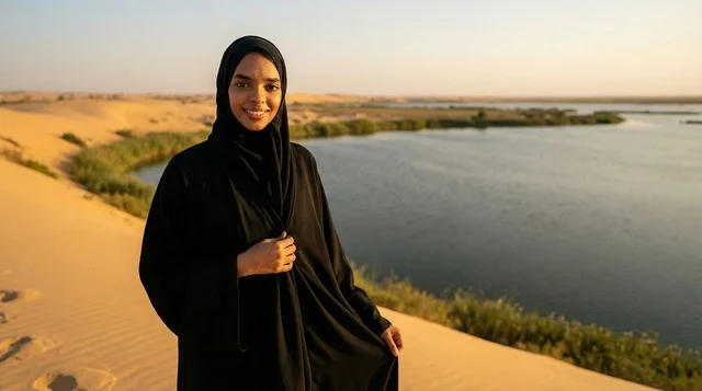 امرأة سعودية بالعباءة السوداء في الصحراء وقت الغروب