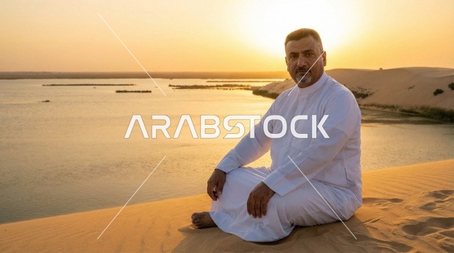 رجل سعودي بالثوب الأبيض عند بحيرة صحراوية وقت الغروب