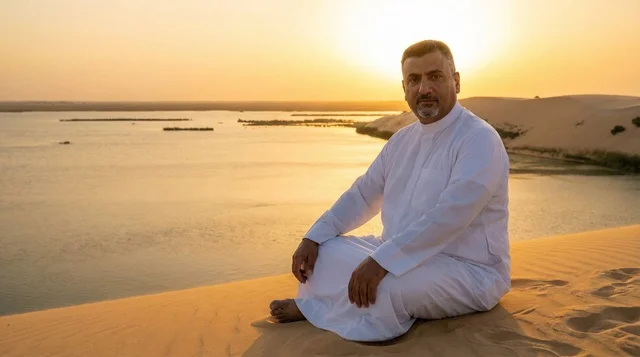 رجل سعودي بالثوب الأبيض عند بحيرة صحراوية وقت الغروب
