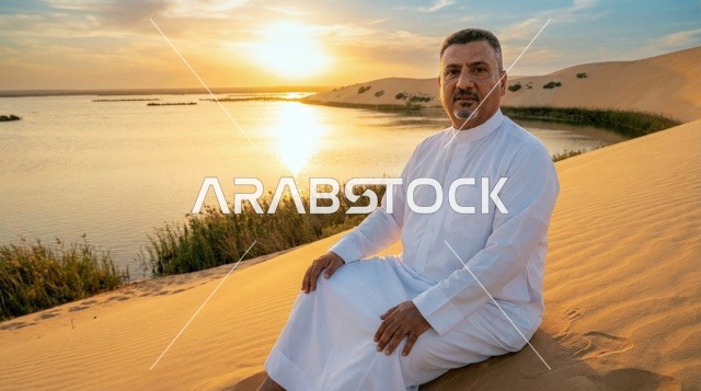 Arab Man in White Thobe at Desert Lake Sunset