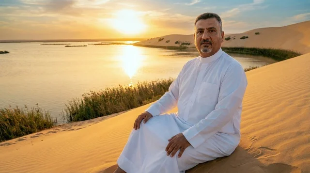 Arab Man in White Thobe at Desert Lake Sunset