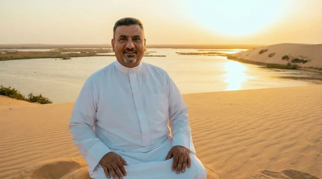 Saudi Man in Thobe at Desert Lake Sunset