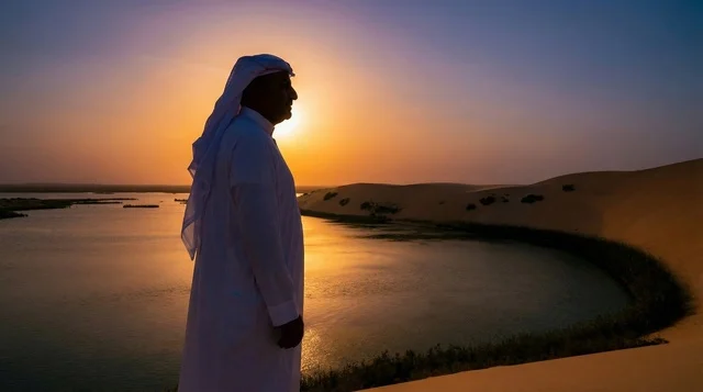 رجل سعودي بالزي التقليدي أمام بحيرة صحراوية وقت الغروب