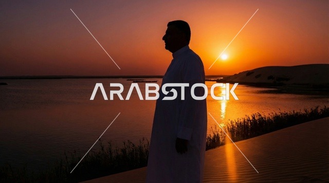 رجل سعودي بالثوب التقليدي عند بحيرة صحراوية وقت الغروب