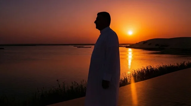 Saudi Man in Thobe at Desert Lake Sunset
